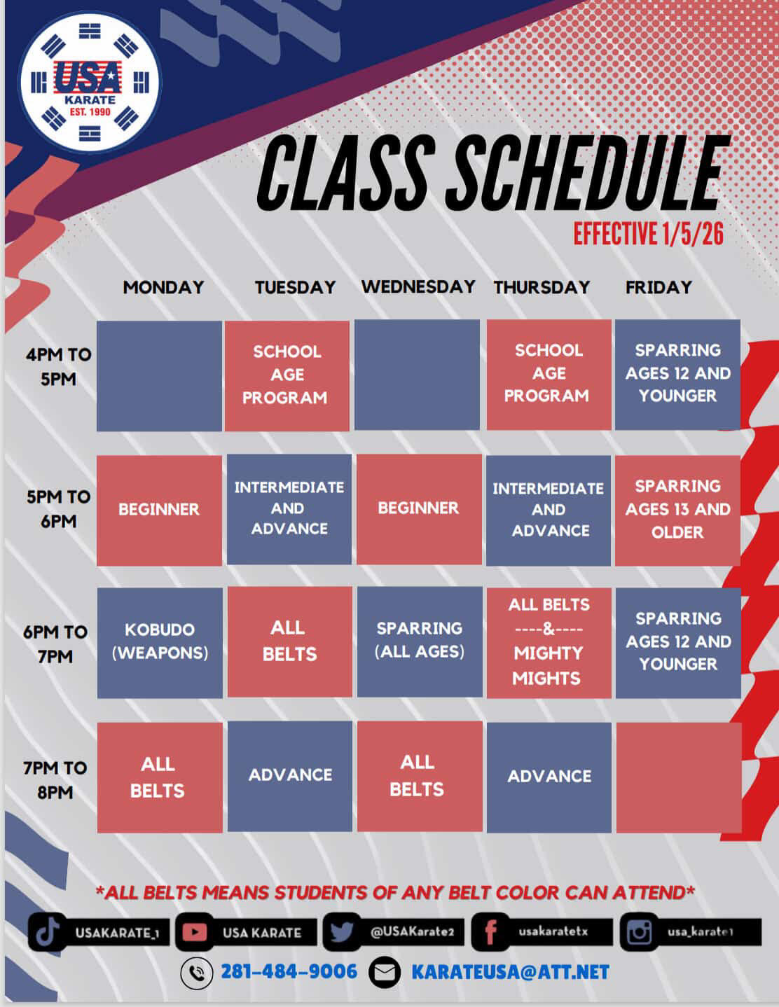 USA Karate weekly class schedule